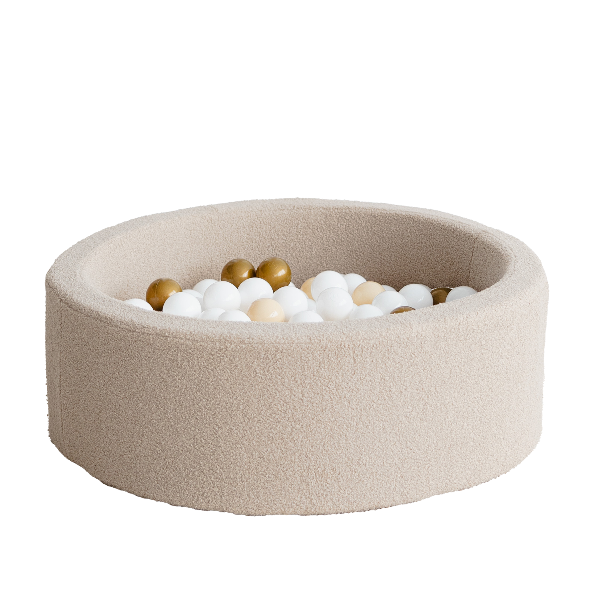 Rond ballenbad van beige bouclé polyester, gevuld met witte en gouden ballen, kindvriendelijk en veilig voor in de. - 90x30 - 90x30, 90x40, afneembaar, Ballenbad, beige, boucle, Polyester, wasbaar - Ballenbad Bouclé Beige - Casa Mini