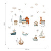 Kinderkamer muurstickerset met zachte pasteltinten van blauwe en beige zeebootjes, drie verschillende vuurtorens, huisjes,. - Muursticker | Seaside Village - Default Title - kinderkamer, lilipinso, lotan, Muursticker, octopus, onderwater, onderwater wereld, schildpad, Zeebootjes - Casa Mini