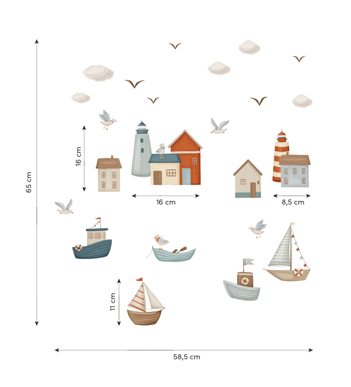 Kinderkamer muurstickerset met zachte pasteltinten van blauwe en beige zeebootjes, drie verschillende vuurtorens, huisjes,. - Muursticker | Seaside Village - Default Title - kinderkamer, lilipinso, lotan, Muursticker, octopus, onderwater, onderwater wereld, schildpad, Zeebootjes - Casa Mini