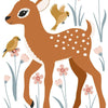 Muursticker van een oranjebruine hertenvlek met witte stippen, omringd door pastelkleurige bloemen en twee gele vogeltjes,. - Default Title - Muursticker | Jöro Bambi XL - Fawn, hert, Jöro, kinderkamer, lilipinso, Muursticker - Casa Mini