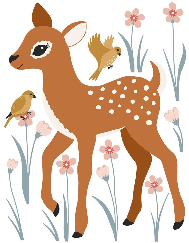 Muursticker van een oranjebruine hertenvlek met witte stippen, omringd door pastelkleurige bloemen en twee gele vogeltjes,. - Default Title - Muursticker | Jöro Bambi XL - Fawn, hert, Jöro, kinderkamer, lilipinso, Muursticker - Casa Mini