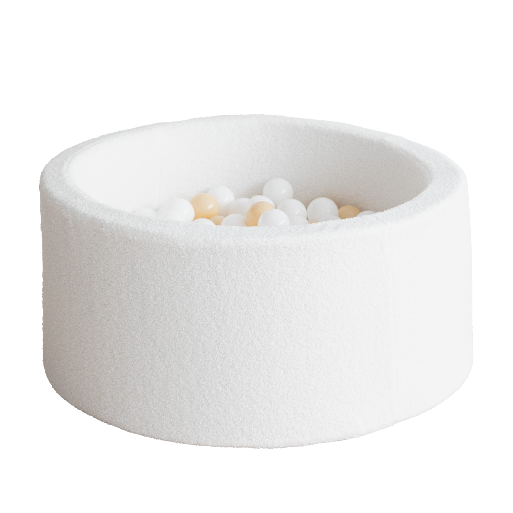 Wit bouclé ballenbad met zachte textuur, gevuld met witte en beige ballen, kindvriendelijk en veilig voor de kinderkamer,. - 90x30 - 90x30, 90x40, afneembaar, Ballenbad, boucle, Polyester, wasbaar, Wit - Ballenbad Bouclé White - Casa Mini