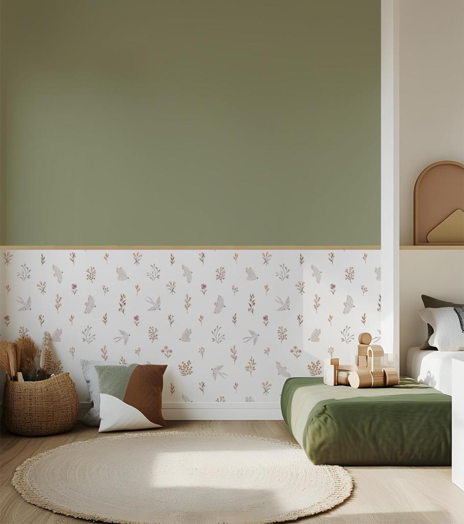 Kinderkamer met organisch vliesbehang van Lilipinso, witte ondergrond met zachte bloemen, bladeren en zwaluwen, veilig en. - Default Title - Coccinella Swallows | Lilipinso - behang, bloemen, bloemen en bladeren, Coccinella, kinderkamer, kinderkamer behang, lilipinso, swallows, vliesbehang, vlinder, vlinders, zwaluwen - Casa Mini
