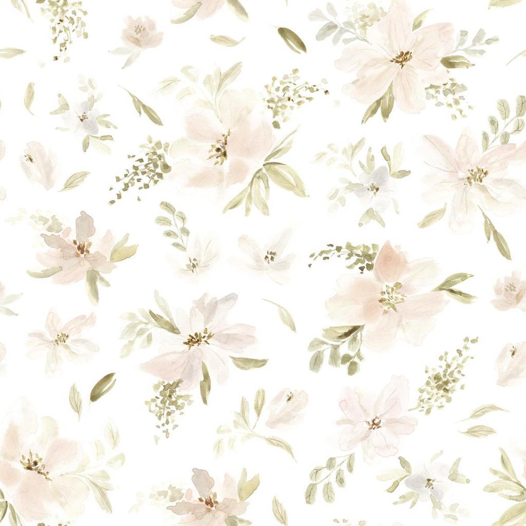 Organisch vliesbehang met zachte pastelroze bloemen en groene bladeren, veilig en kindvriendelijk voor kinderkamerinterieur. - Default Title - Appoline Flower | Lilipinso - appoline, behang, bloemen, bloemen en bladeren, kinderkamer, kinderkamer behang, lilipinso, vliesbehang - Casa Mini