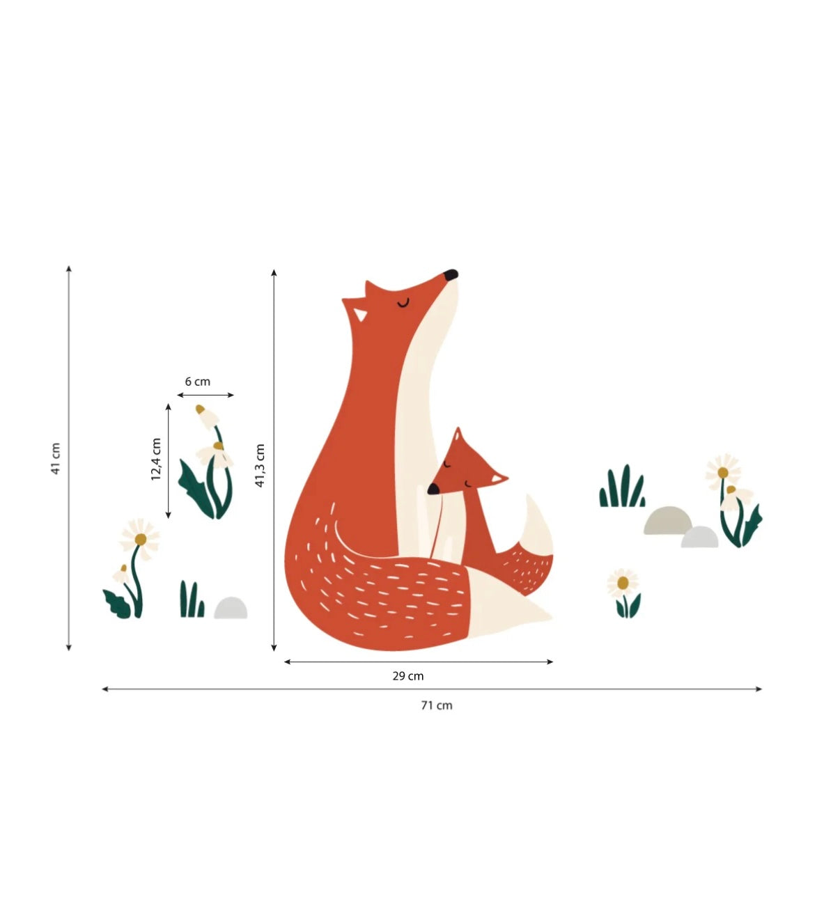 Oranje vos zittend naast twee rode paddestoelen met witte stippen, omringd door groene grassprietjes en kleine witte. - Muursticker | Fox Family - Default Title - forest happiness, kinderkamer, lilipinso, Muursticker, vliesbehang, Vos, Vossen - Casa Mini