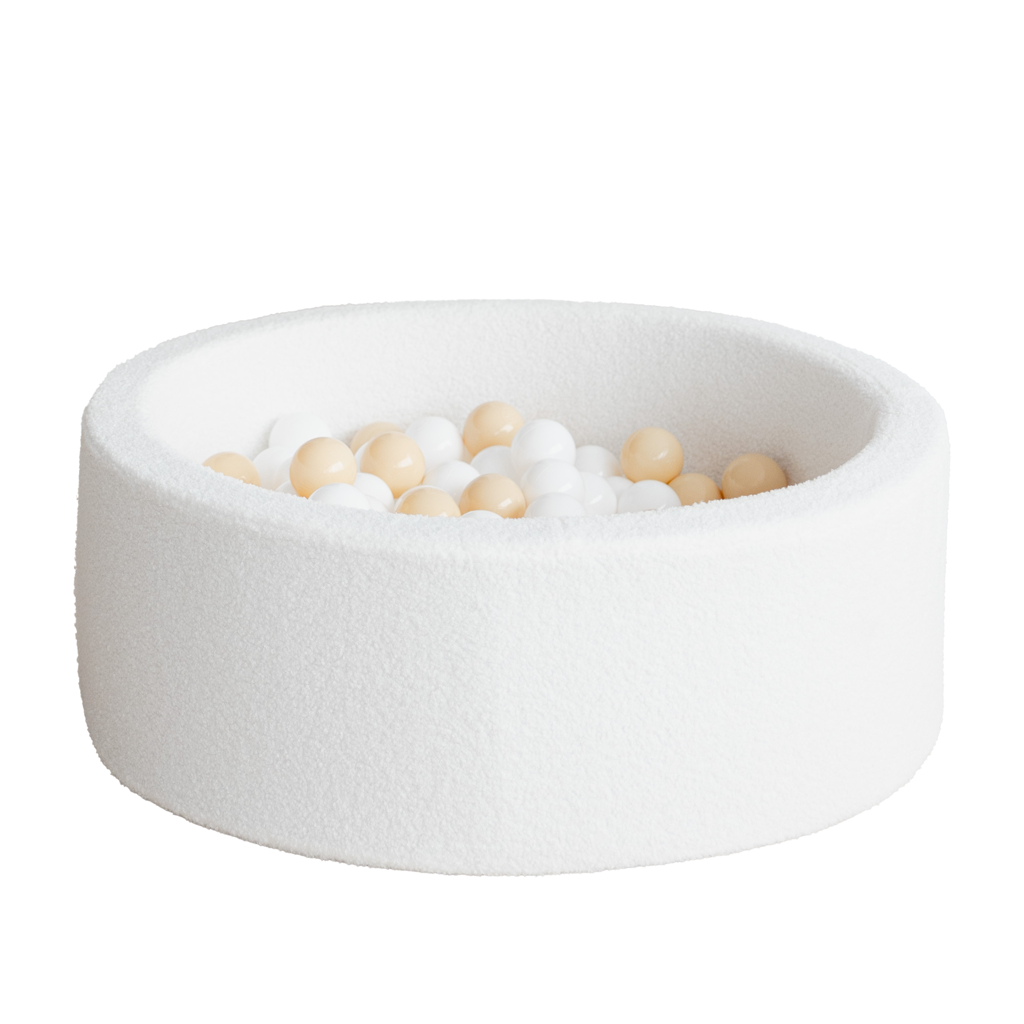Wit ronde ballenbad van zachte bouclé stof met witte en beige ballen, kindvriendelijk en veilig voor de kinderkamer, hoge. - 90x30 - 90x30, 90x40, afneembaar, Ballenbad, boucle, Polyester, wasbaar, Wit - Ballenbad Bouclé White - Casa Mini
