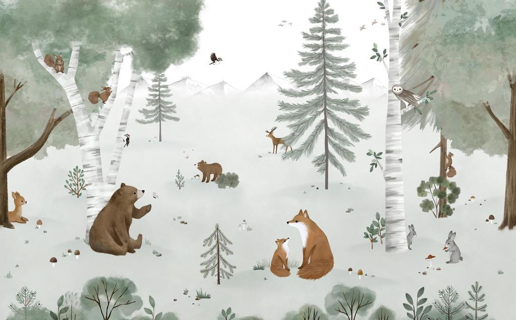Organisch behangpaneel met veilige, zachte kleuren en illustraties van beren, dinosaurussen en bomen, perfect voor een. - 2.48 M x 4 M - Kharu Forest behangwand | Lilipinso - behang, behangpaneel, beren, dinosaurus, forest, Kharu, kinderkamer, kinderkamer behang, lilipinso - Casa Mini