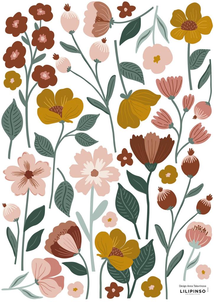 Organische muurstickers met kleurrijke bloemen en bladeren in warme tinten, kindvriendelijk en veilig voor de kinderkamer,. - Muursticker | Capucine L/XL - Large - bloemen, bloemen en bladeren, Capucine, kinderkamer, lilipinso, Muursticker, vliesbehang - Casa Mini