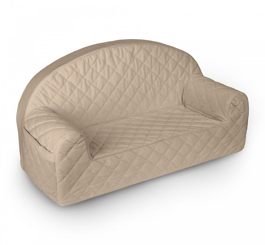 Beige velvet kinderbank met gewatteerd patroon, zacht en kindvriendelijk ontwerp voor veilige, duurzame kinderkamermeubels. - Default Title - babysteps, beige, kinderbank, Velvet - Kinderbank Velvet Beige - Casa Mini