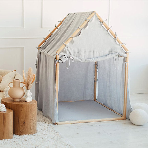 Blauw speelhuis van stevig hout met lichtgrijze katoenen stof, kindvriendelijk en veilig, ideaal voor kinderkamer, duurzame. - Default Title - blauw, Blue, Moje, Scandi, Speelhuis - Speelhuis Scandi Blue - Casa Mini