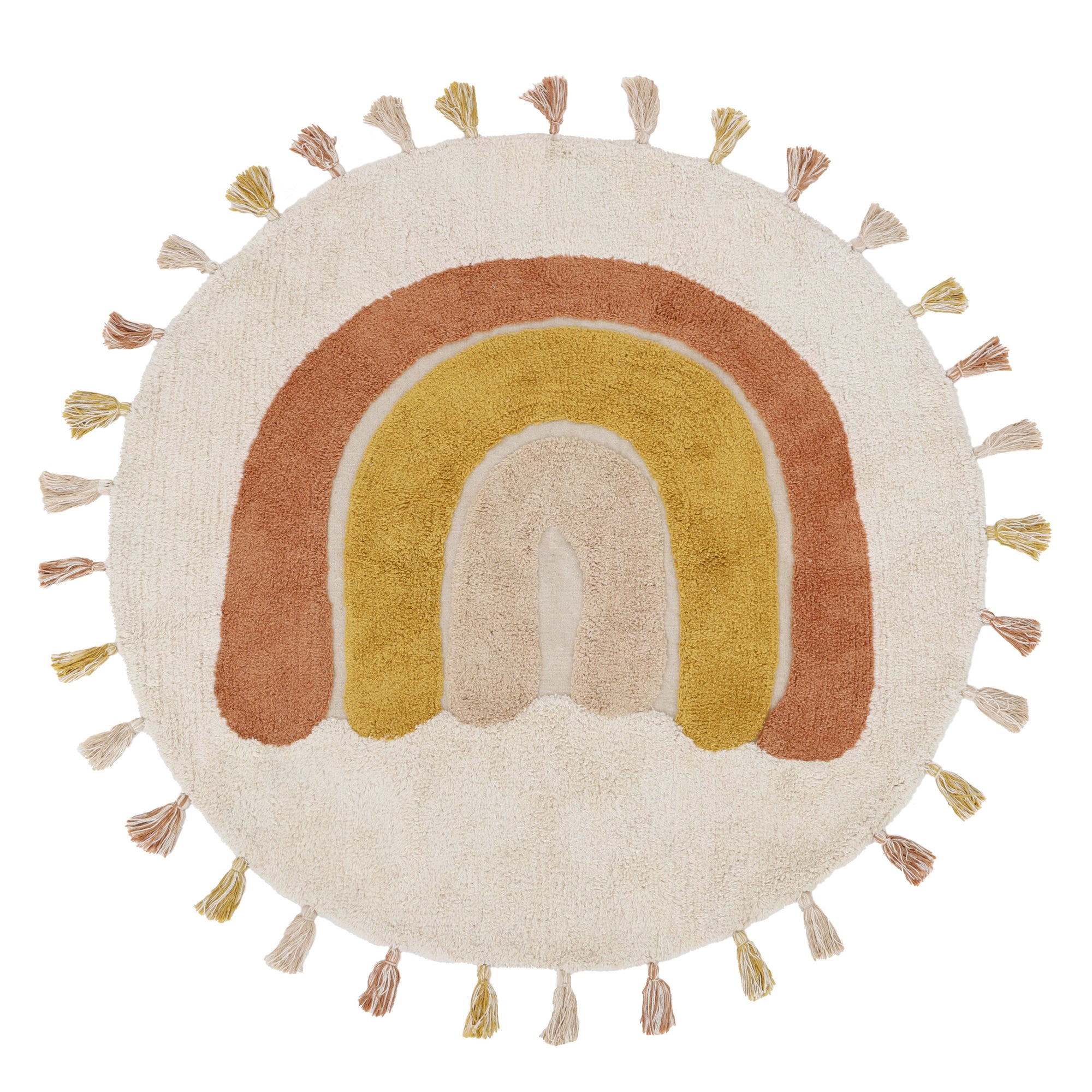 Rond kindvriendelijk vloerkleed met zachte kwaliteit, natuurlijke regenboog in warme tinten okergeel, roest en beige,. - Default Title - boho, nattiot, Regenboog, rond, Vloerkleed - Rainbow Toffee Vloerkleed Nattiot - Casa Mini