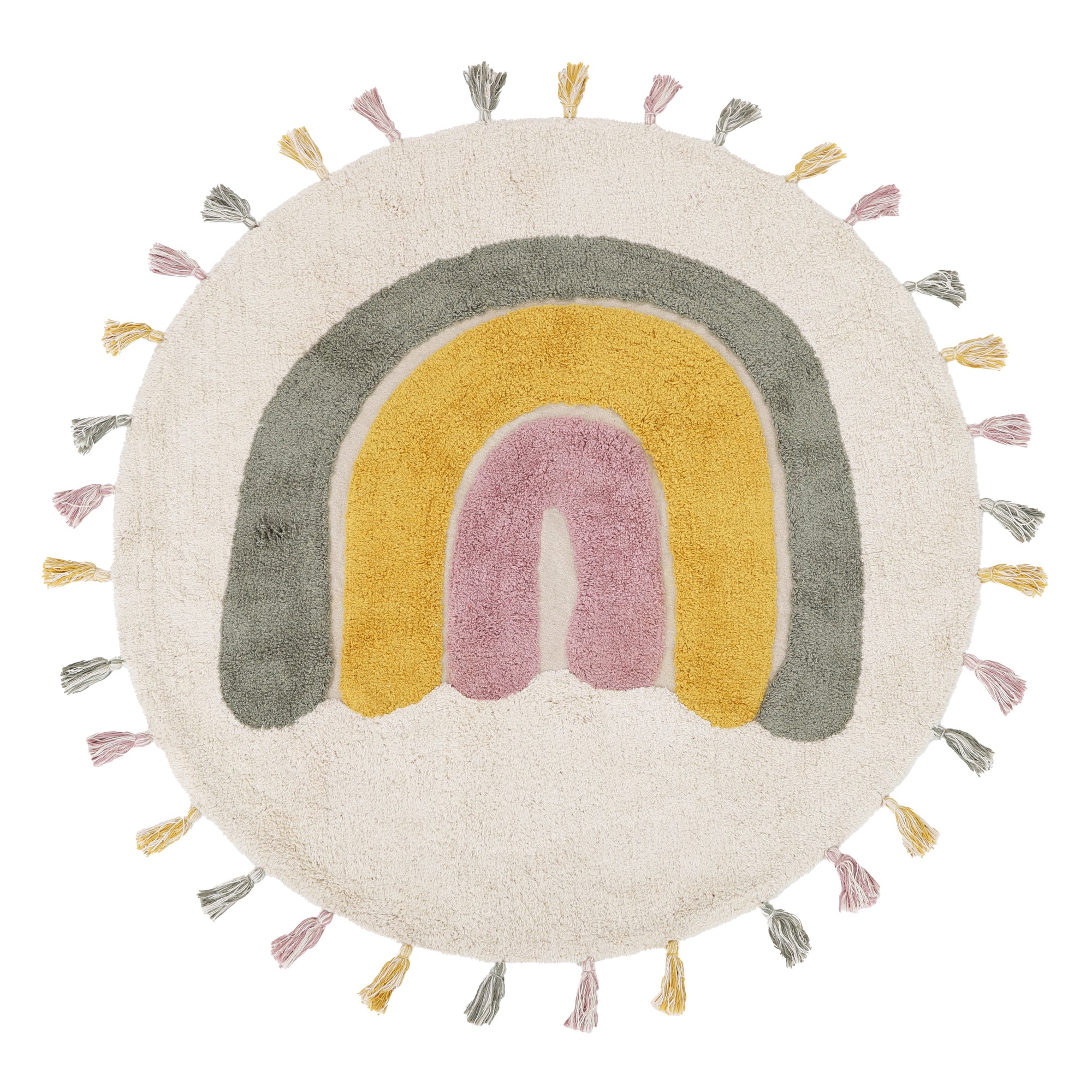 Rond pluche vloerkleed met regenboogmotief in zachte pasteltinten geel, roze en groen, afgewerkt met kleurrijke, speelse. - Default Title - boho, nattiot, pluche, Regenboog, rond, Vloerkleed - Rainbow Moss Vloerkleed Nattiot - Casa Mini