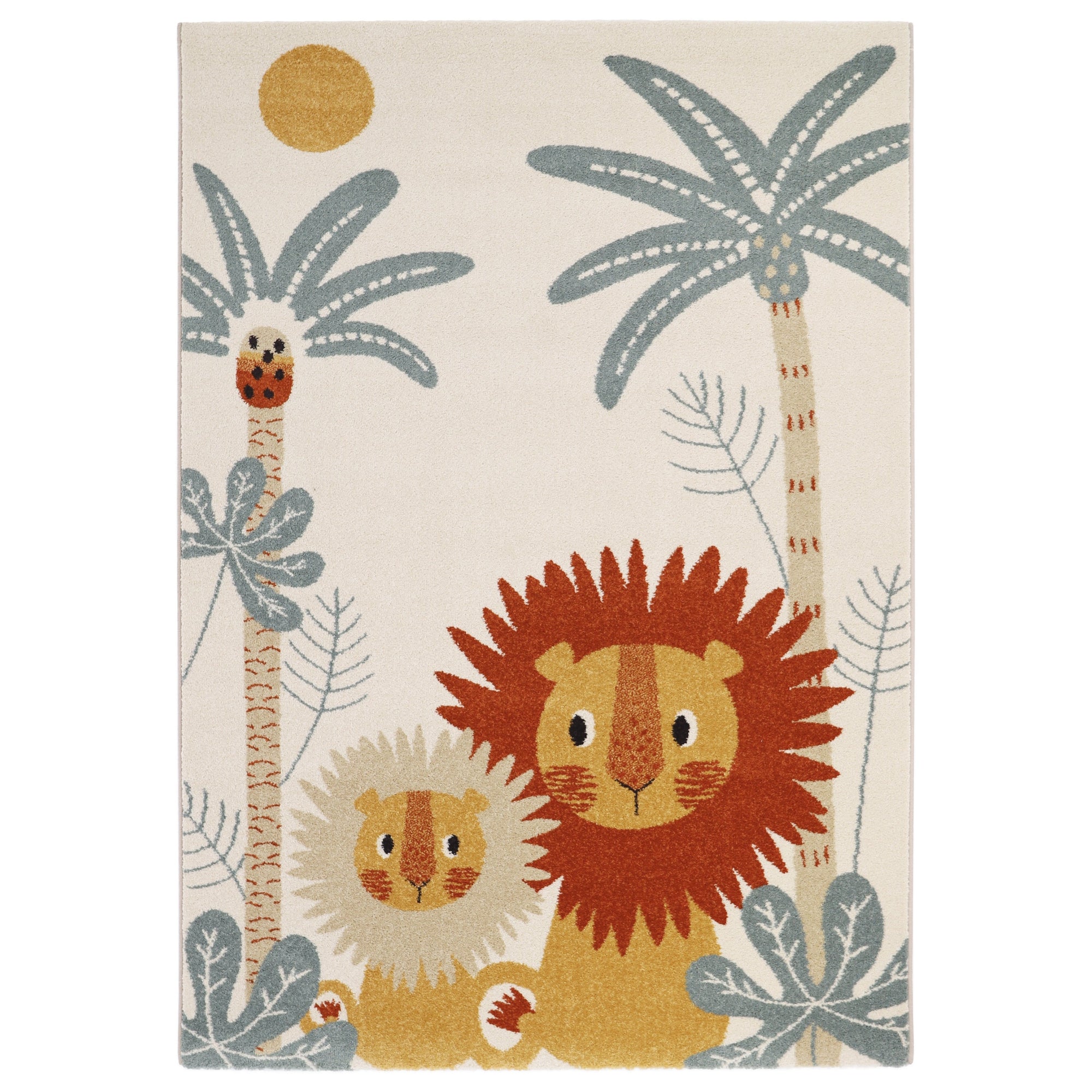 Kindvriendelijk Mamalove vloerkleed met leeuwen en junglethema in warme geel-, oranje- en blauwtinten, veilig en duurzaam. - Default Title - jungle, leeuw, mamalove, nattiot, Vloerkleed - Mamalove Vloerkleed Nattiot - Casa Mini