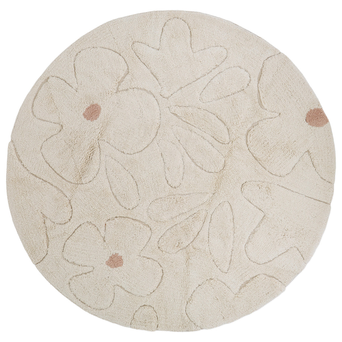 Rond beige vloerkleed met zacht reliëf motief van bloemen en bladeren in lichte tinten, kindvriendelijk en veilig voor de. - Default Title - gentle flora, nattiot, rond, Vloerkleed, wolk - Gentle Flora rond Vloerkleed Nattiot - Casa Mini
