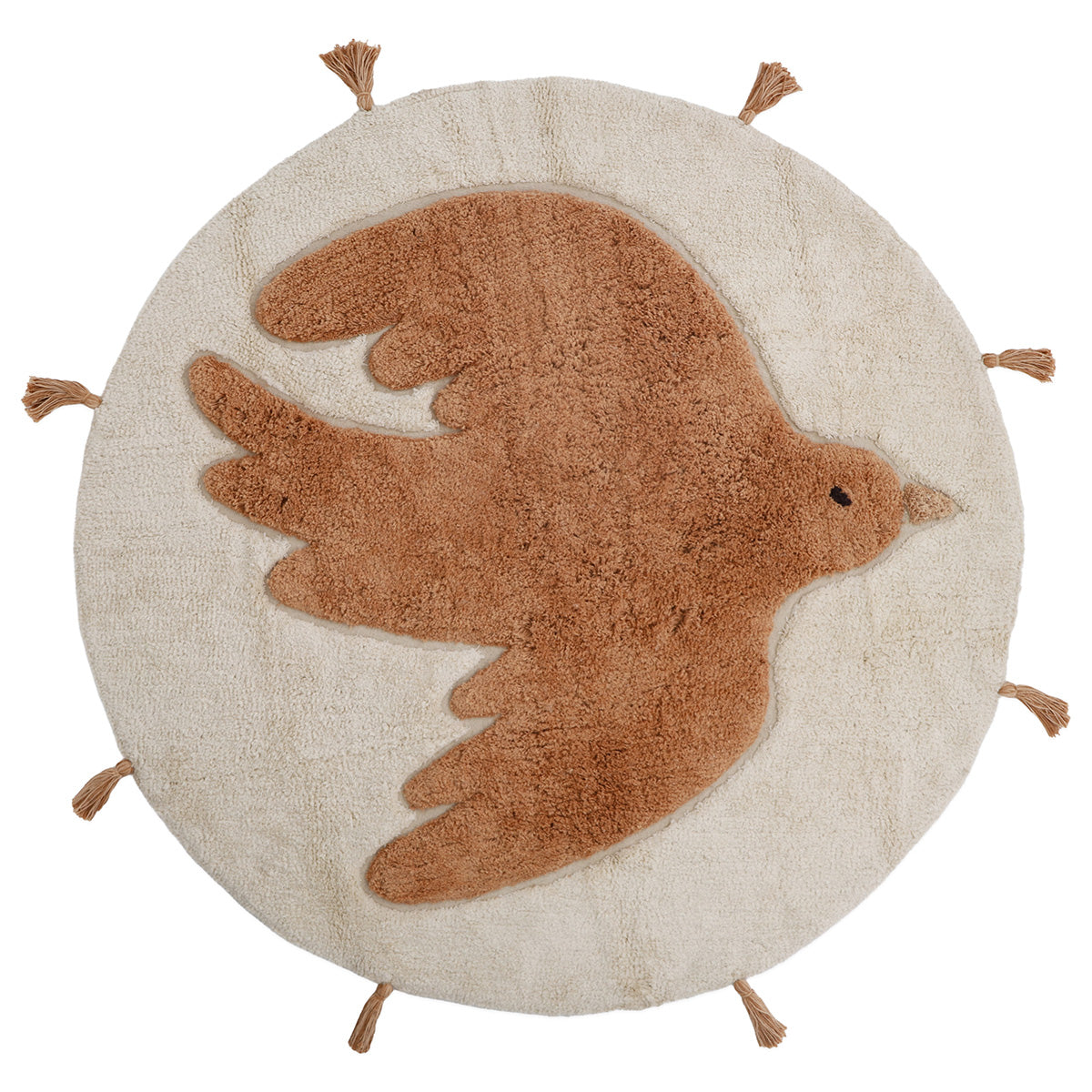 Rond beige vloerkleed met bruin vogelmotief, zachte en kindvriendelijke stof, ideaal voor kinderkamer, kwaliteit met lange. - Default Title - birdy, nattiot, rond, Vloerkleed, vogel - Bohobird Vloerkleed Nattiot - Casa Mini