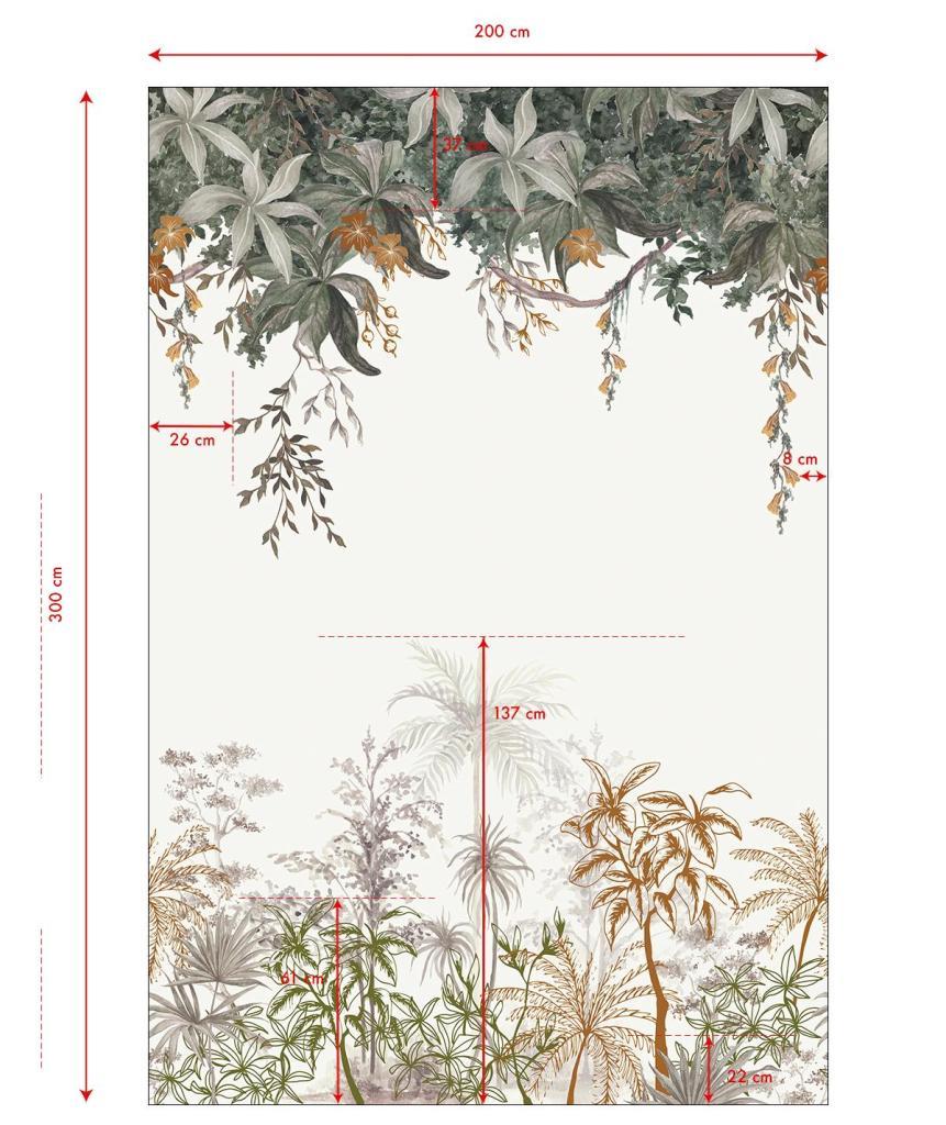 Behangwand met organisch jungle thema in zachte groene, beige en bruine tinten, geschikt voor kinderkamer en kindvriendelijk . - 2.48 x 2 M - Utan Jungle Behangwand | Lilipinso - behang, behangpaneel, bloemen, bloemen en bladeren, jungle, kinderkamer, kinderkamer behang, lilipinso, Muursticker, utan - Casa Mini