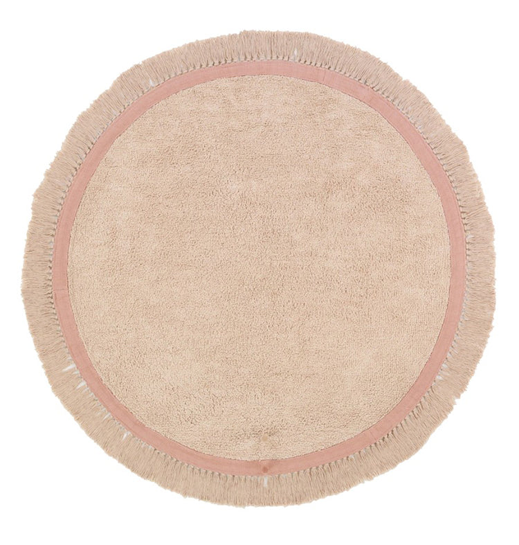 Rond vloerkleed in zachte beige tint met roze rand en franjes, kindvriendelijk en veilig voor in de kinderkamer, duurzaam en . - Default Title - 130x130, Cakey, Petit Tapis, rond, Vloerkleed, wolk - Cakey Vloerkleed - Casa Mini