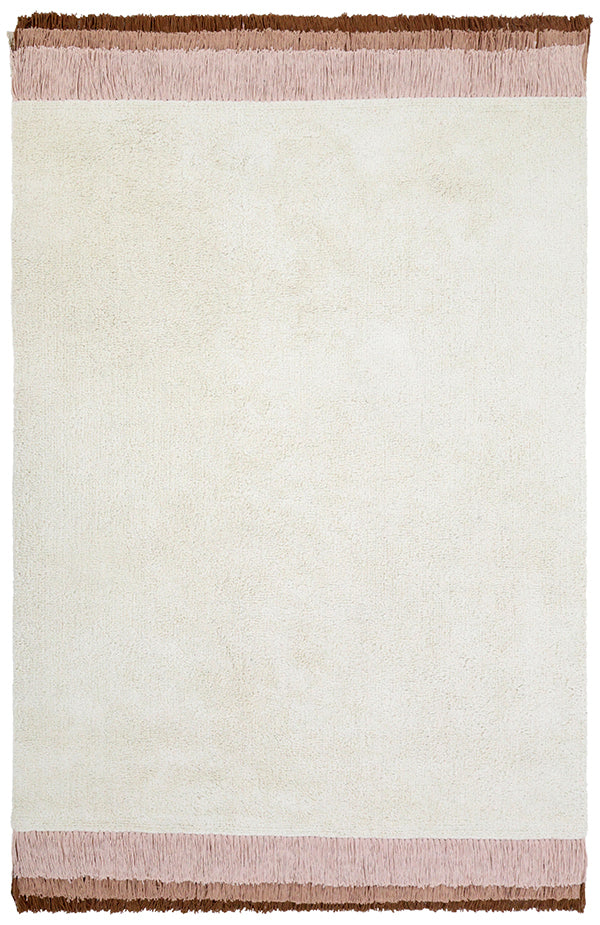 Rechthoekig vloerkleed in zachte, natuurlijke witte tint met smalle roze bies en franjes aan korte zijden, gemaakt van. - Jules Natural Vloerkleed - Default Title - 120x170, Mint, Petit Tapis, rechthoek, Vloerkleed, wolk - Casa Mini