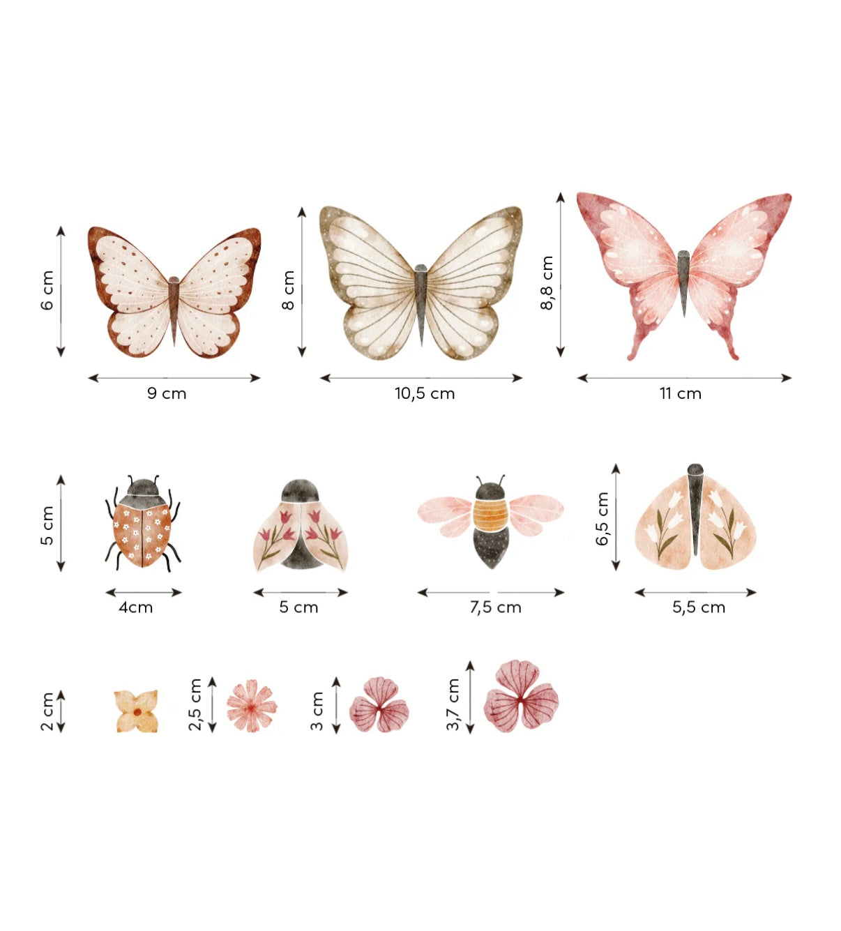 Set van organische, kindvriendelijke muurstickers met vlinders en insecten in zachte tinten van roze, beige en oranje,. - Muursticker | Butterflies and Insects - Default Title - bloemen, Coccinella, Insecten, kinderkamer, lilipinso, Muursticker, vliesbehang, vlinders - Casa Mini