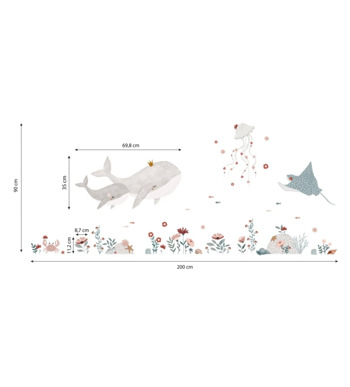 Organische muurstickers met zachte, kindvriendelijke illustraties van een walvis, manta rog, zeeanemonen en koraal in. - Muursticker | Ocean Field XL - Default Title - kinderkamer, kwal, lilipinso, Muursticker, Oceaan dieren, ocean field, vliesbehang, walvis - Casa Mini