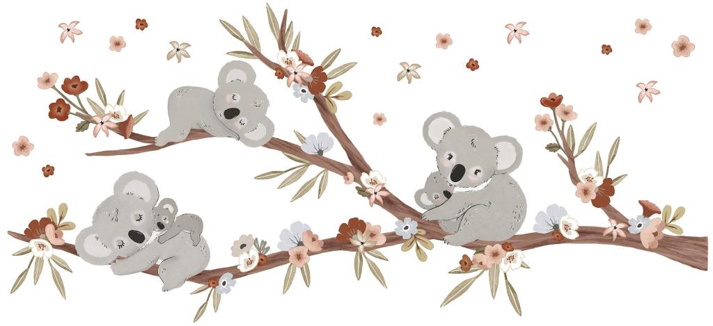 Organische, kindvriendelijke muurstickers met drie grijze koala’s op takken met roze en beige bloemen, perfect voor. - Default Title - Muursticker | Lilydale Koala XL - kinderkamer, koala, lilipinso, Lilydale, Muursticker - Casa Mini