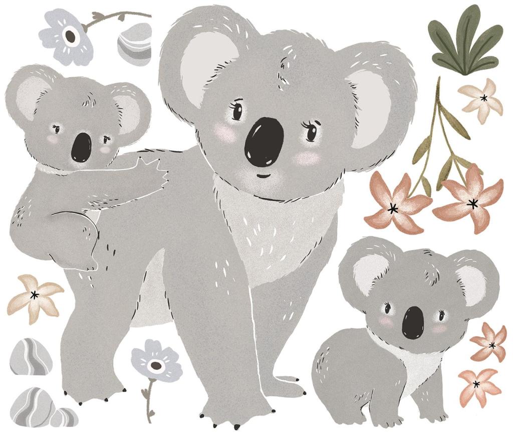 Organische, veilige muurstickers met drie grijze koala's en zachte bloemen in neutrale tinten voor een kindvriendelijk. - Default Title - Muursticker | Lilydale Koala - kinderkamer, koala, lilipinso, Lilydale, Muursticker - Casa Mini