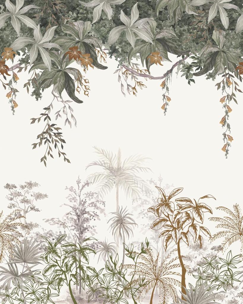 Organisch jungle behangpaneel met groene en bruine bladeren en bloemen, veilig en kindvriendelijk voor kinderkamerinterieur. - 2.48 x 2 M - Utan Jungle Behangwand | Lilipinso - behang, behangpaneel, bloemen, bloemen en bladeren, jungle, kinderkamer, kinderkamer behang, lilipinso, Muursticker, utan - Casa Mini