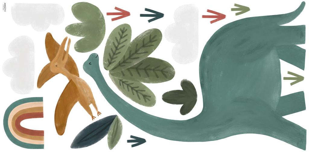 Organische muurstickers met kindvriendelijke dinosaurussen en bladeren in zachte groen- en bruintinten, perfect voor een. - Muursticker | Dinosaurs L/XL - Large - dinosaurus, dinosaurussen, Insecten, kinderkamer, lilipinso, Muursticker, sunny, vliesbehang - Casa Mini