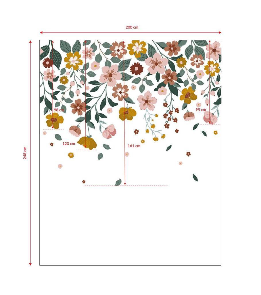 Organisch bloemenbehang met groene bladeren en gele, oranje en roze bloesems, kindvriendelijk en veilig voor de kinderkamer, . - 2.48 x 2 M - Capucine Behangwand | Lilipinso - behang, behangpaneel, bloemen, bloemen en bladeren, Capucine, kinderkamer, kinderkamer behang, lilipinso - Casa Mini