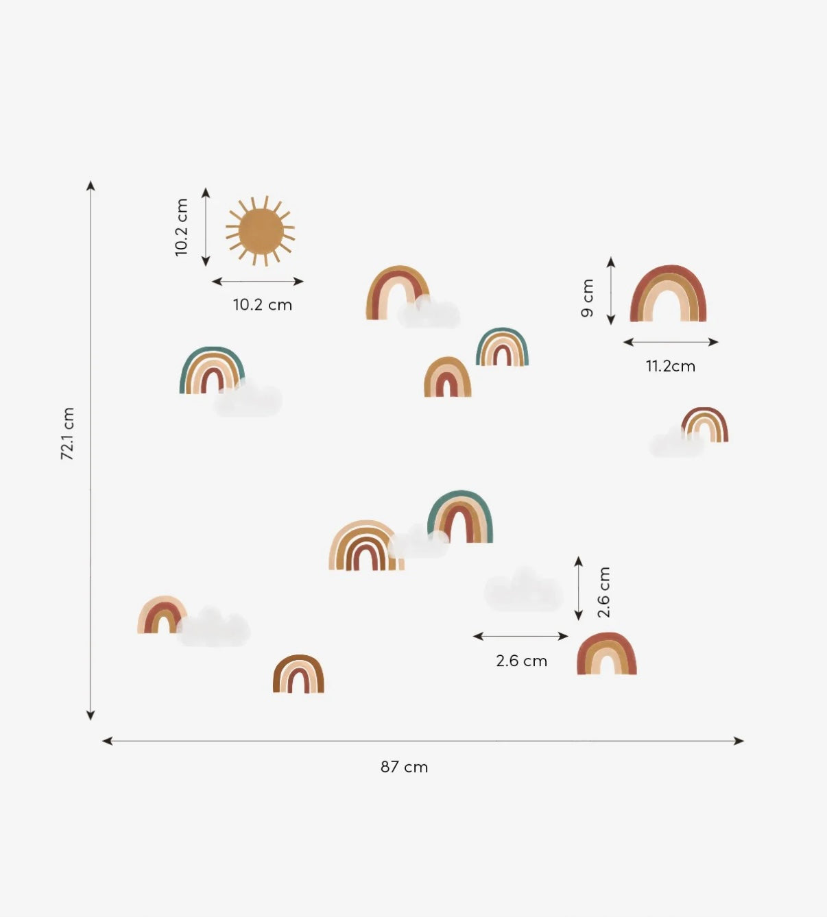 Muursticker set met zachte, warme tinten regenbogen en zon, organische vormen, matte vliesbehangmaterialen, kindvriendelijk. - Muursticker | Pretty Rainbow - Default Title - kinderkamer, lilipinso, Muursticker, Regenbogen, Regenboog, sunny, vliesbehang - Casa Mini
