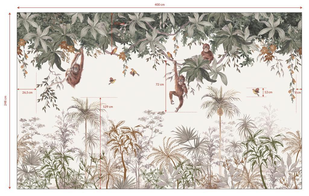 Organisch kindersafe behangpaneel met apen en tropische bladeren in zachte groene en beige tinten, ideaal voor kinderkamer. - 2.48 M x 4 M - Utan behangwand | Lilipinso - apen, behang, behangpaneel, kinderkamer, kinderkamer behang, lilipinso, utan - Casa Mini