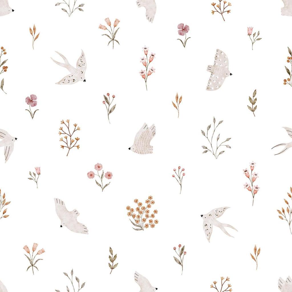 Wit vliesbehang met organisch kindvriendelijk thema van zwaluwen en delicate bloemen in zachte roze, beige en bruine tinten, . - Default Title - Coccinella Swallows | Lilipinso - behang, bloemen, bloemen en bladeren, Coccinella, kinderkamer, kinderkamer behang, lilipinso, swallows, vliesbehang, vlinder, vlinders, zwaluwen - Casa Mini