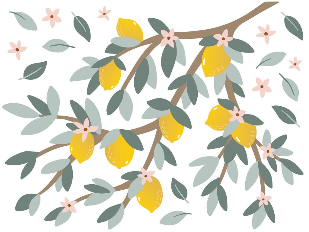 Organische muurstickers met gele citroenen, groene bladeren en roze bloemen, veilig en kindvriendelijk voor kinderkamer en. - Default Title - Muursticker | Louise Lemon XL - bloemen en bladeren, citroen, kinderkamer, Lemon, lilipinso, louise, Muursticker - Casa Mini