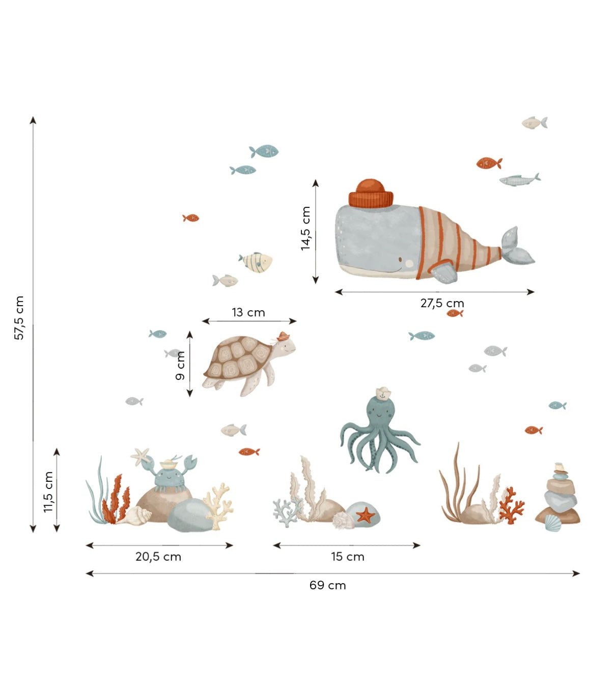 Kleurige, organische muurstickers van onderwaterdieren zoals een oranje-witte walvis, groene schildpad, grijze octopus en. - Muursticker | Marine Animals - Default Title - kinderkamer, lilipinso, lotan, Muursticker, octopus, onderwater, onderwater wereld, schildpad - Casa Mini