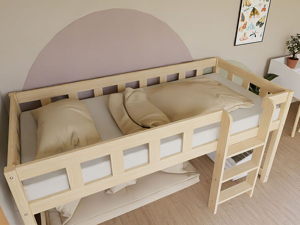 Halfhoogslaper van licht, natuurlijk hout met stevige spijlen als bescherming, rechte ladder en opbergplank onder het bed,. - Halfhoogslaper 90 x 200 cm - Naturel (ongelakt) / Links - 90x200, halfhoogslaper, kinderbed, peuterbed, scandinavisch design - Casa Mini