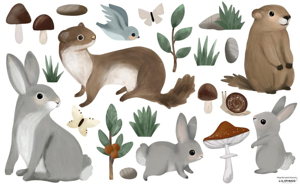 Organische muurstickers met kindvriendelijke bergdieren, konijnen, paddenstoelen en planten in zachte tinten, ideaal voor. - Default Title - Muursticker | Kharu Mountain Animals - bergdieren, bomen, boom, Kharu, Konijnen, lilipinso, Muursticker, vliesbehang - Casa Mini