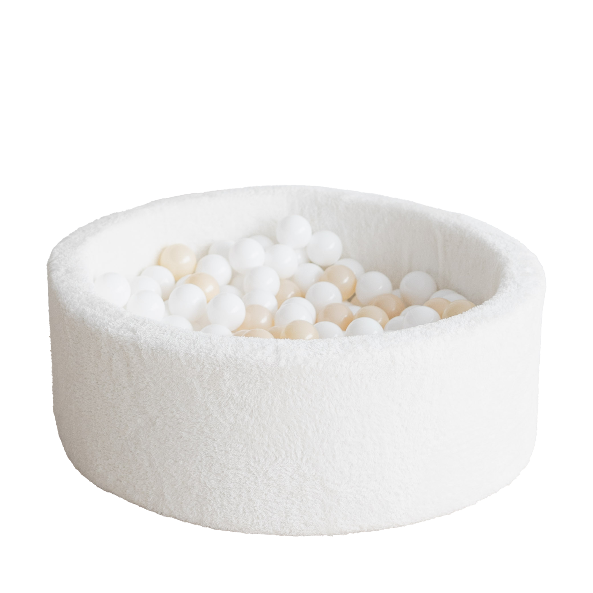 Wit pluche ballenbad met zachte, kindvriendelijke polyester bekleding gevuld met witte en beige ballen, veilig en geschikt. - 90x30 - 90x30, 90x40, afneembaar, Ballenbad, Moje, pluche, Polyester, wasbaar, Wit - Ballenbad Teddy White - Casa Mini