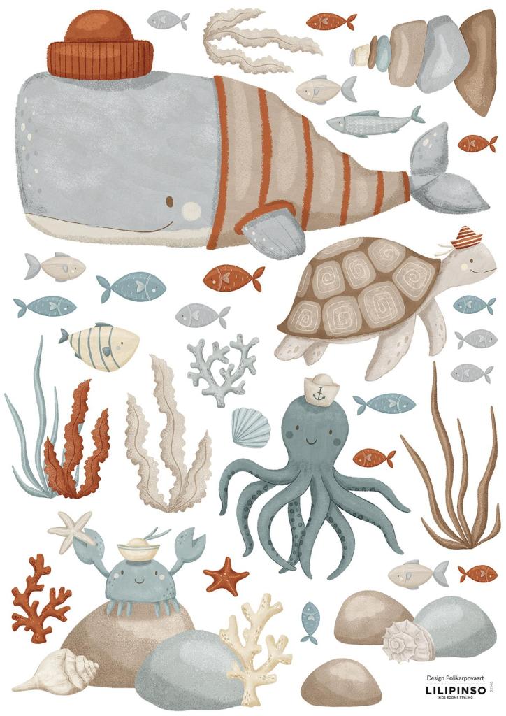 Organische, kindvriendelijke muurstickers met onderwaterwereld thema, inclusief blauwe walvis, oranje gestreepte schildpad,. - Muursticker | Marine Animals - Default Title - kinderkamer, lilipinso, lotan, Muursticker, octopus, onderwater, onderwater wereld, schildpad - Casa Mini