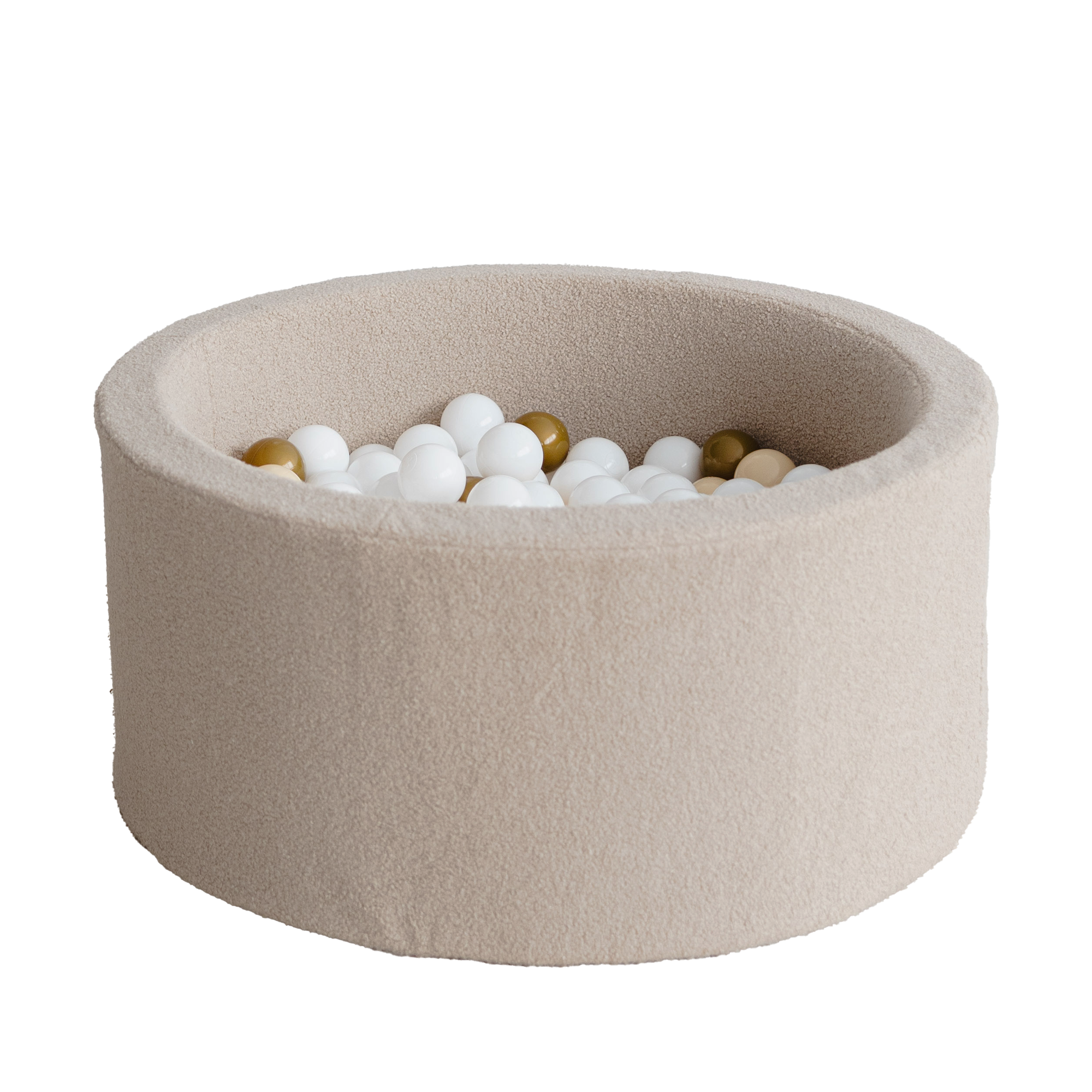 Rond beige ballenbad van zachte bouclé stof, kindvriendelijk en veilig voor de kinderkamer, met witte en goudkleurige. - 90x30 - 90x30, 90x40, afneembaar, Ballenbad, beige, boucle, Polyester, wasbaar - Ballenbad Bouclé Beige - Casa Mini