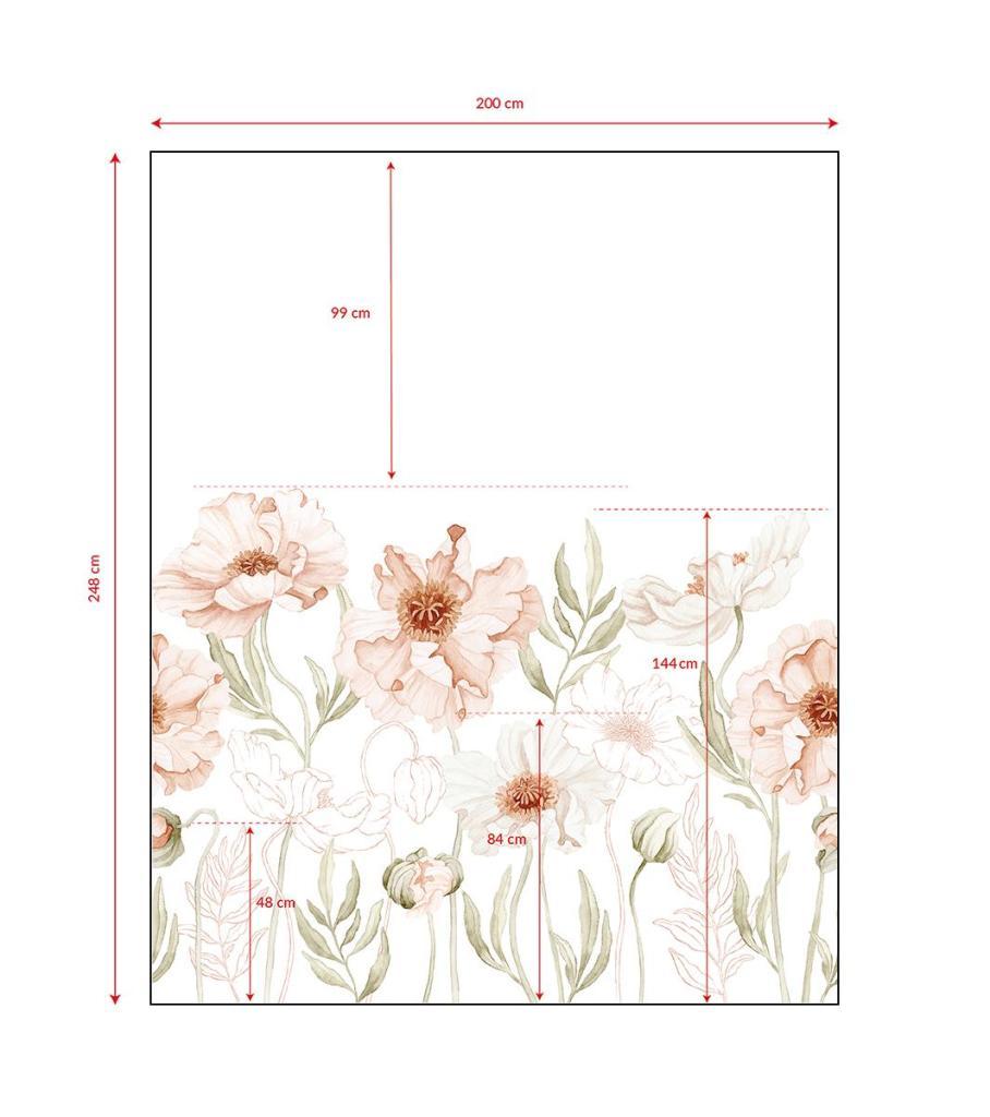 Organisch kindvriendelijk behangpaneel met zachte roze bloemen en groene bladeren, perfect voor kinderkamer en. - 2.48 x 2 M - Poppy Behangwand | Lilipinso - behang, behangpaneel, bloemen, bloemen en bladeren, kinderkamer, kinderkamer behang, lilipinso, Muursticker - Casa Mini