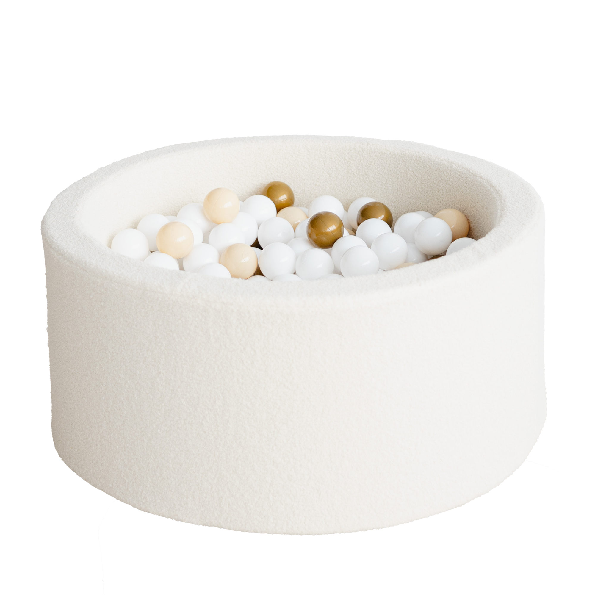 Rond ballenbad bouclé crème met zachte textuur, gevuld met kindvriendelijke ballen in wit, beige en goud, veilig en duurzaam . - 90x30 - 90x30, 90x40, afneembaar, Ballenbad, boucle, Creme, Polyester, wasbaar - Ballenbad Bouclé Creme - Casa Mini