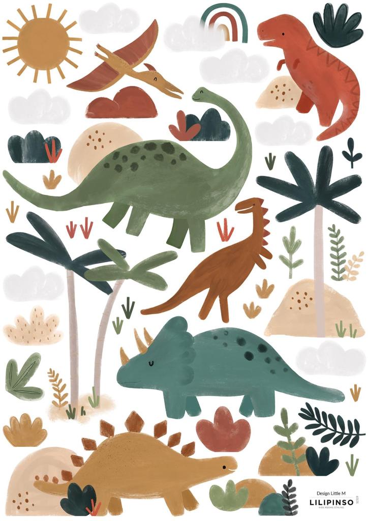 Organische, kindvriendelijke muurstickers met kleurrijke dinosaurussen en planten, ideaal voor de kinderkamer,. - Muursticker | Dinosaurs L/XL - Large - dinosaurus, dinosaurussen, Insecten, kinderkamer, lilipinso, Muursticker, sunny, vliesbehang - Casa Mini