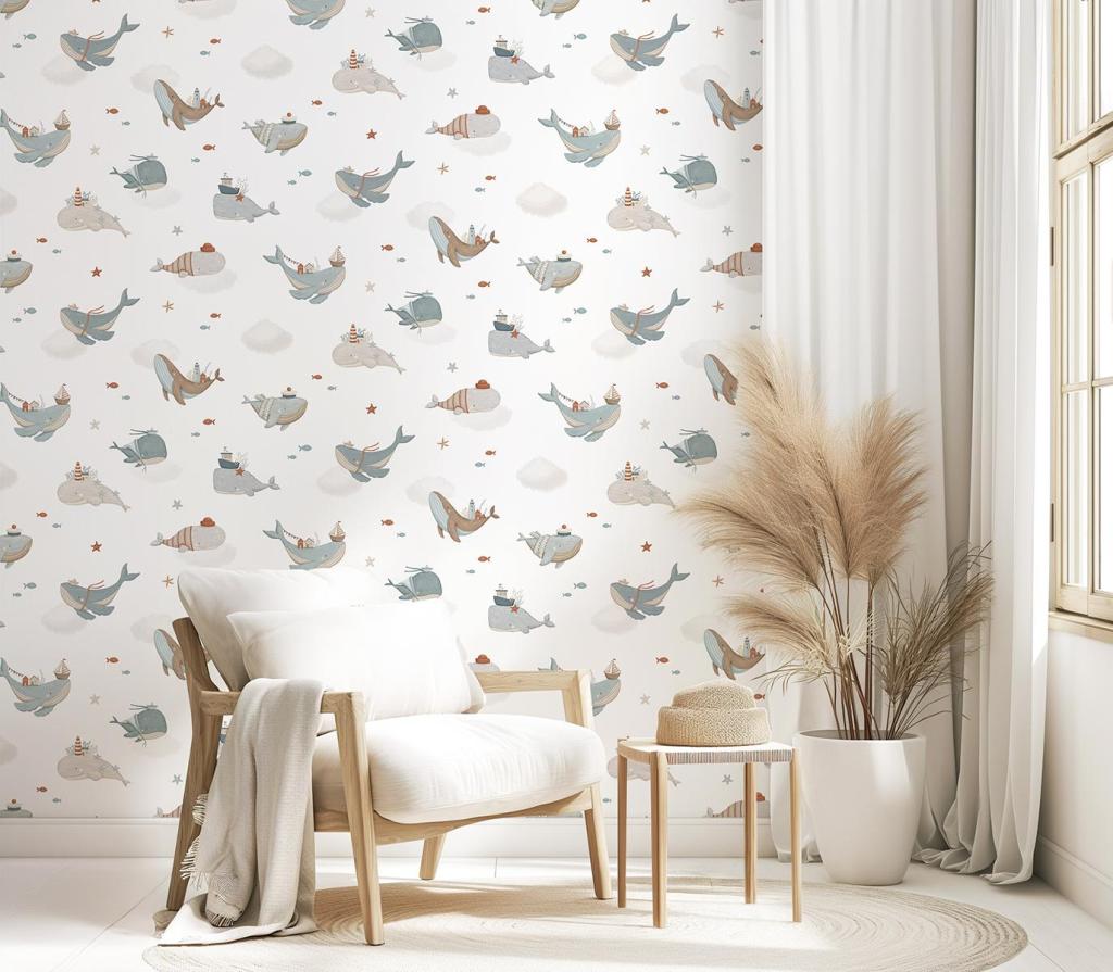 Organisch vliesbehang met zachtblauwe en grijzige walvissen in speels patroon, ideaal voor kinderkamer en veilig. - Default Title - Lotan | Lilipinso - behang, kinderkamer behang, lilipinso, lotan, onderwater, onderwater wereld, onderwaterwereld, vliesbehang, walvis - Casa Mini