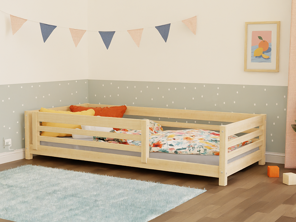 Licht houten kinderbed 90x200 cm met open zijdes en slat-ontwerp, Scandinavisch stijl, laag bij de grond, geschikt voor. - Kinderbed Tuly 90 x 200 cm - Naturel (ongelakt) - 90x200, kinderbed, peuterbed, scandinavisch design, Tuly - Casa Mini