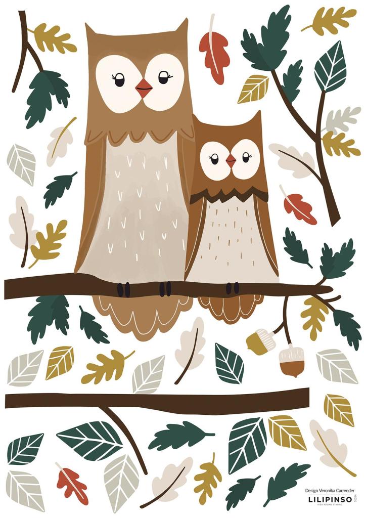 Organische, kindvriendelijke muurstickers met twee bruine uilen op tak, omringd door kleurrijke herfstbladeren, perfect voor . - Muursticker | Family of Owls - Default Title - bloemen, Jöro, kinderkamer, Konijnen, lilipinso, Muursticker, Orang Oetang, utan, vliesbehang, vlinders, Vos, Vossen - Casa Mini