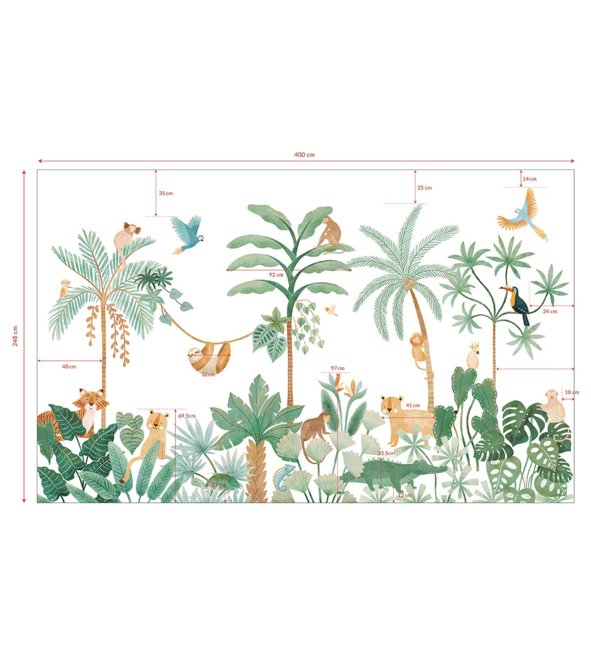 Organisch junglebehang met groene bladeren, palmbomen, en apen, veilig en kindvriendelijk voor een speelse kinderkamer of. - 2.48 M x 4 M - Jungle behangwand | Lilipinso - apen, behang, behangpaneel, jungle, kinderkamer, kinderkamer behang, lilipinso, Yatsuni - Casa Mini