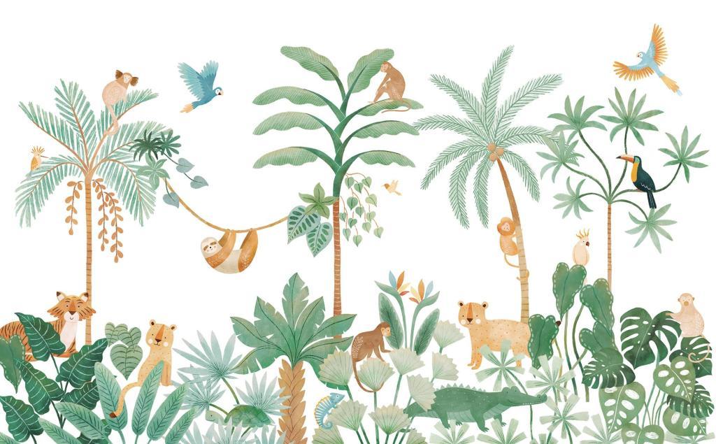 Organisch junglebehang met zachte groene bladeren en beige apen, veilig en kindvriendelijk voor kinderkamerinterieur. - 2.48 M x 4 M - Jungle behangwand | Lilipinso - apen, behang, behangpaneel, jungle, kinderkamer, kinderkamer behang, lilipinso, Yatsuni - Casa Mini