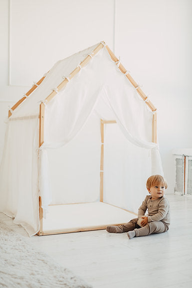 Wit houten speelhuis met katoenen tentdoek, kindvriendelijk en veilig ontwerp voor in de kinderkamer, betaalbaar en van hoge . - Default Title - Moje, Scandi II, Speelhuis, White, Wit - Speelhuis Scandi White II - Casa Mini