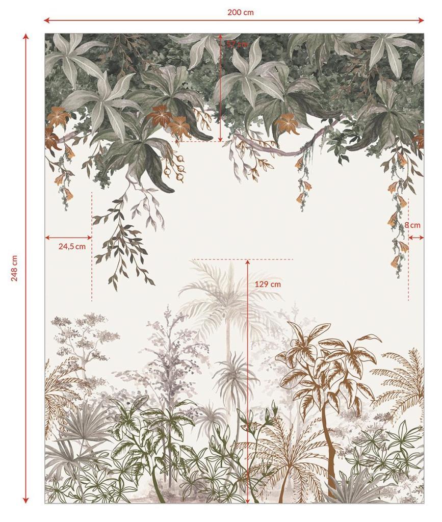 Organisch jungle-behangpaneel in zachte groentinten met bladeren en bloemen, veilig en kindvriendelijk voor. - 2.48 x 2 M - Utan Jungle Behangwand | Lilipinso - behang, behangpaneel, bloemen, bloemen en bladeren, jungle, kinderkamer, kinderkamer behang, lilipinso, Muursticker, utan - Casa Mini