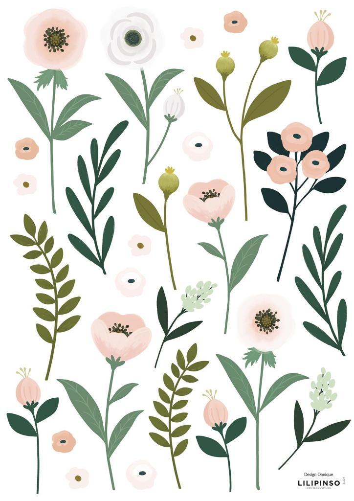 Organische bloemen en bladeren in zachte roze en groene tinten, kindvriendelijke muursticker voor de kinderkamer,. - Muursticker | Flowers & Leaves - Default Title - bloemen, bloemen en bladeren, kinderkamer, lilipinso, Muursticker, vliesbehang, wonderland - Casa Mini